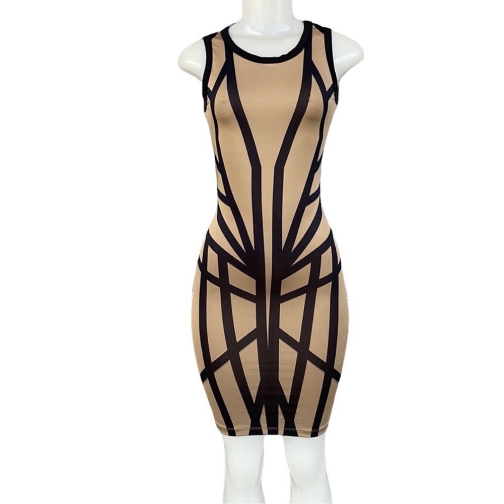 Uptown Geometric Tan and Black Bodycon Dress Size S/M